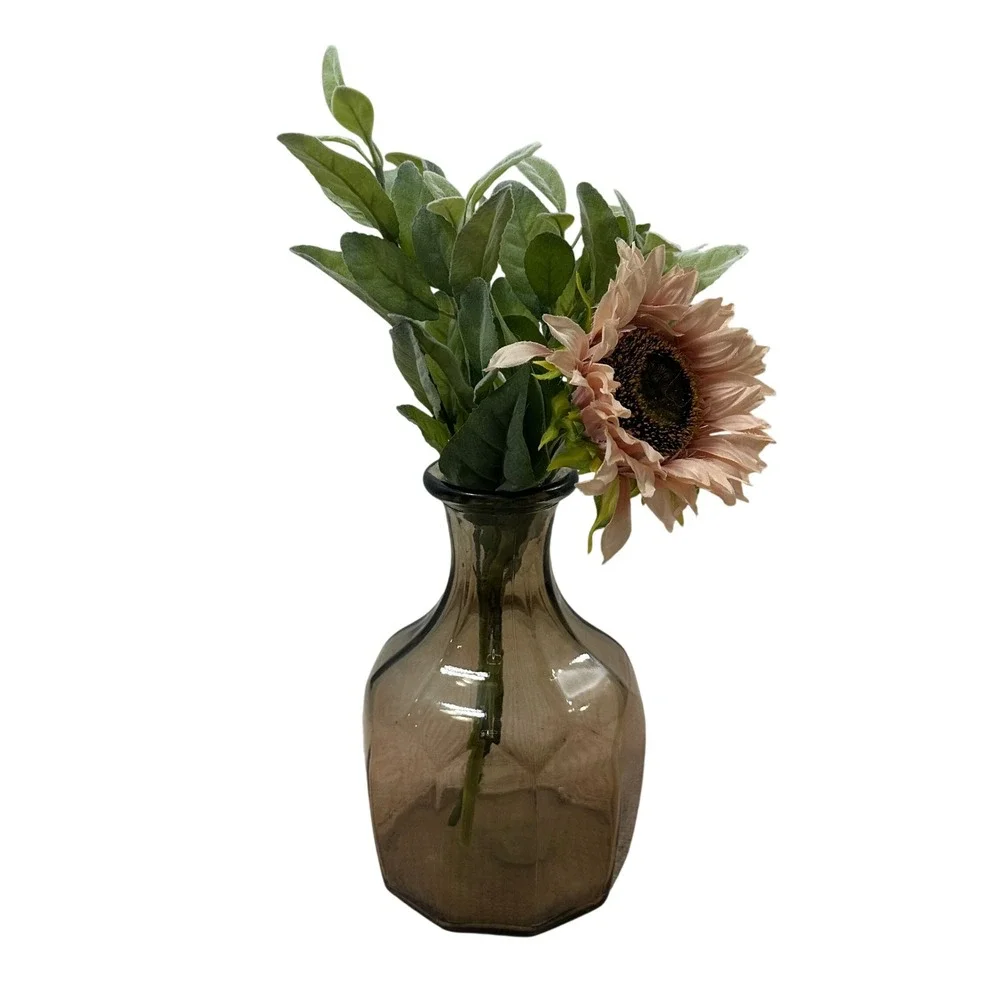 Handmade Spain Recycled Glass Vase Smoky Brown Decagonal Geometric 10.5in